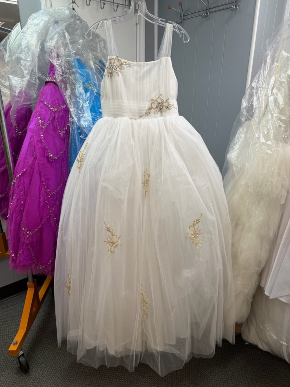 Girls' White and Gold Embroidered Tulle Formal Dress